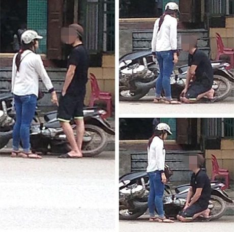 Hình ảnh chàng trai quỳ gối trên phố đông người (Ảnh: Facbook)