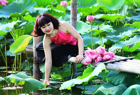 Các thiếu nữ đổ xô chụp ảnh tại đầm sen Hồ Tây