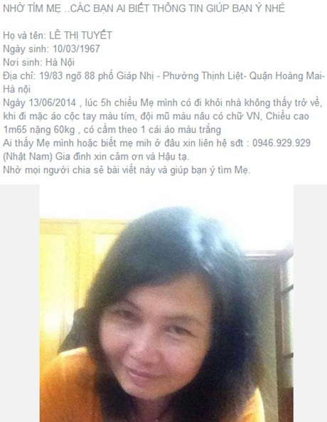 Dân mạng sôi sục chia sẻ giúp nam sinh tìm mẹ - 1 Thông tin tìm mẹ là Lê Thị Tuyết của Nhật Nam được hàng ngàn dân mạng chia sẻ