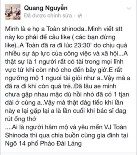 Phẫn nộ loạt tin bịa đặt, fanpage ăn theo vụ Toàn Shinoda qua đời - 1 Phẫn nộ loạt tin bịa đặt, fanpage ăn theo vụ Toàn Shinoda qua đời