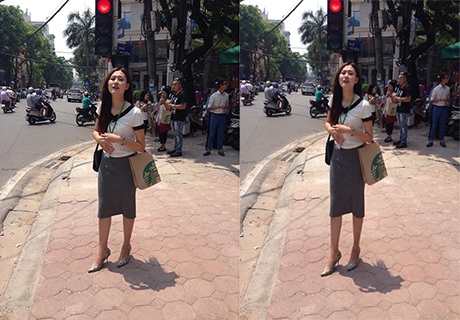 Hai bức ảnh trước và sau khi dùng ứng dụng kéo dài chân của Hà Lade