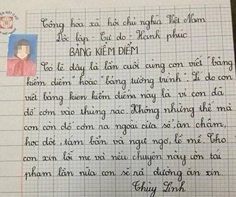 Trên trang giấy học trò, cô bé thú tội: