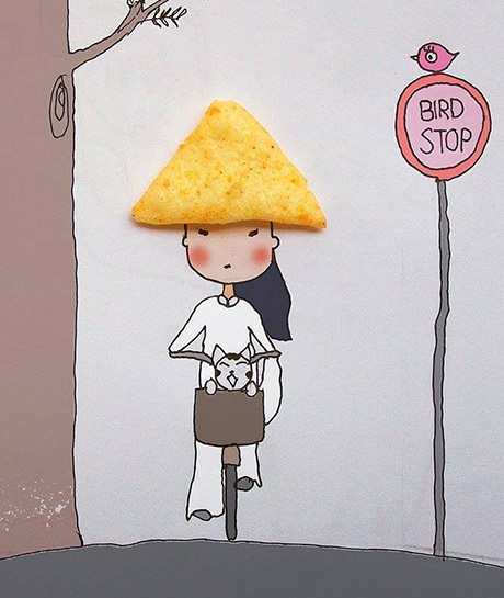 Tranh vẽ độc đáo từ đồ vật của chàng trai 9X Việt - 4 Miếng snack thay nón lá trên đầu thiếu nữ