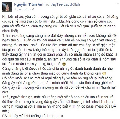 "Hotgirl" Trâm Anh "lộ" chuyện tình cảm trên mạng xã hội - 2 Trâm Anh làm lành với JustaTee qua Facebook