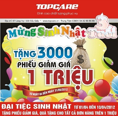3.000 phiếu giảm giá 1 triệu mừng sinh nhật Topcare tròn 3 tuổi - 2 3.000 phiếu giảm giá 1 triệu mừng sinh nhật Topcare tròn 3 tuổi
