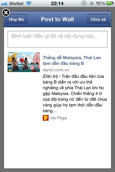 Giao diện gửi tin lên Facebook. Người dùng có thể viết lời dẫn nếu muốn.