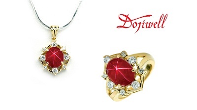 Trang sức gắn đá Ruby Sao - Đẳng cấp của người thành đạt - 1 Mặt dây và nhẫn vàng vàng gắn Ruby sao và kim cương trắng