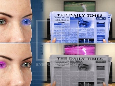 Monovision – liệu pháp khắc phục Lão thị - 2 Monovision – Dùng mắt chủ động (màu tím) xem TV (nhìn xa) và mắt (màu xanh) để nhìn gần (đọc báo)