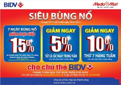 Ưu đãi lớn với thẻ BIDV - Giảm thêm 15% khi mua sắm tại Media Mart - 2 Ưu đãi lớn với thẻ BIDV - Giảm thêm 15% khi mua sắm tại Media Mart