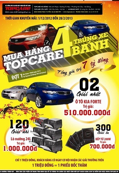 Chỉ cần 01 triệu đồng để sở hữu ô tô Kia Forte hơn 500 triệu đồng. - 1 Mua hàng Topcare Trúng xe bốn bánh sẽ chính thức khởi động vào ngày 1/12/2012