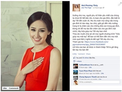 Lời chia sẻ về mẹ của Mai Phương Thúy trên Facebook được đông đảo cư dân mạng hưởng ứng.