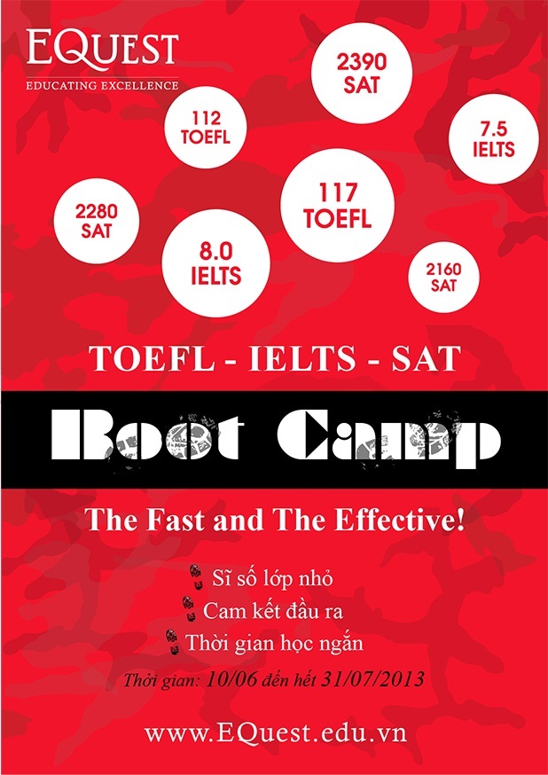 Trở thành "chiến binh" TOEFL - IELTS - SAT cùng Boot Camp - 1 EQuest Boot Camp ra đời với 3 tiêu chí hoàn toàn đặc biệt: