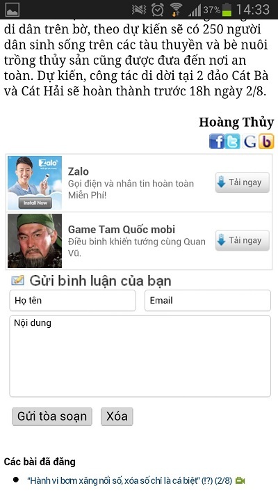 Quảng cáo pop-up trên mobile của HTC gây sự chú ý mạnh tới độc giả.