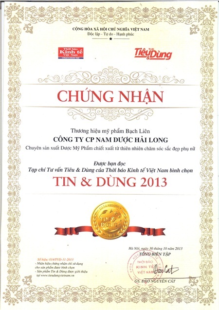 Thương hiệu Mỹ phẩm Bạch Liên được vinh danh Top 10 - Tin & Dùng 2013! - 3 Chứng nhận giải thưởng Tin và Dùng 2013 do bạn đọc bình chọn