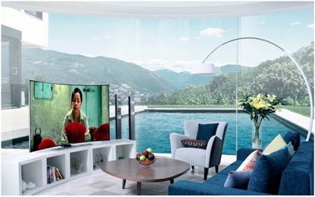 Ứng dụng đường cong trong thiết kế nội thất - 3 TV màn hình cong, đèn chiếu sáng thiết kế cong tạo điểm nhấn sang trọng trong phòng khách