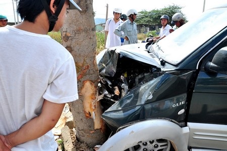 Xe biển xanh cắm đầu vào cây xanh ven đường