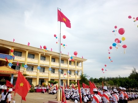 Học sinh trường tiểu học Trần Quốc Toản (TP Tam Kỳ, Quảng Nam) trong lễ khai giảng sáng ngày 5/9