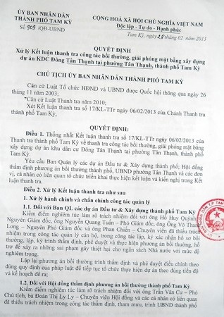 Quyết định xử lý Thanh tra của Chủ tịch UBND TP Tam Kỳ về sai phạm đất đai của cán bộ