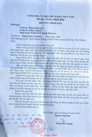 Giấy biên nhận gởi tiền của anh Vương gởi đến đối tượng lừa đảo