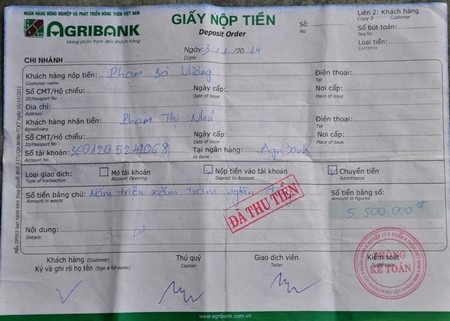 Giấy biên nhận gởi tiền của anh Vương gởi đến đối tượng lừa đảo