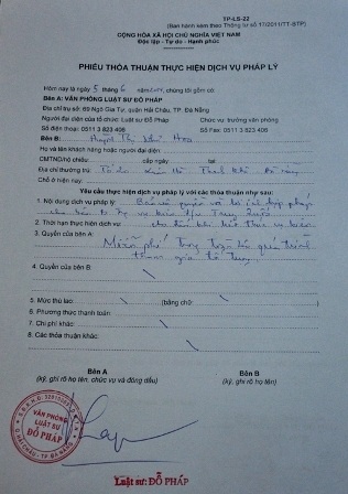 Phiếu thỏa thuận thực hiện dịch vụ pháp lý giữa luật sư Đỗ Pháp và chủ tàu ĐNa 90152