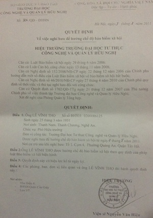 Nguyên Hiệu phó ĐH Công nghệ và Quản lý Hữu nghị nói về việc tuyển sinh năm 2011 - 1 Quyết định nghỉ hưu của ông Lê Vĩnh Thọ.