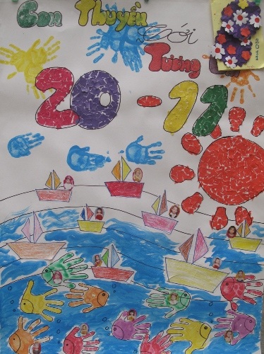 Bức tranh do cô và trò trường MN song ngữ Hoa Trà My thực hiện. (Ảnh: Hồng Hạnh).