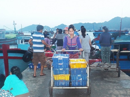 Dân làng chài vận chuyển hải sản đi tiêu thụ