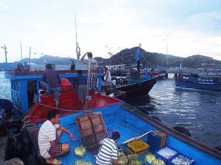 Sau một đêm đánh bắt trên biển, thuyền bè tấp nập ghé cảng Bình Ba để bán hải sản.