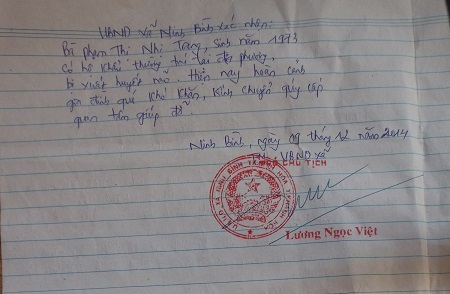 Xác nhận của chính quyền địa phương về trường hợp của chị Trang.