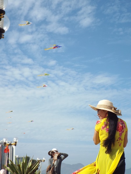 Du khách thư thả tắm nắng, ngắm diều nghệ thuật.