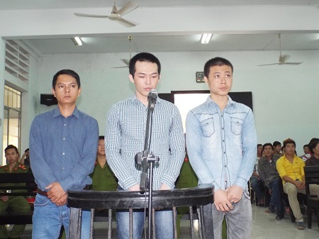 3 bị cáo: Tâm, Phát và Khỏe tại tòa phúc thẩm (thứ tự tính từ bìa trái ảnh).