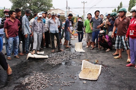 Người dân đổ tôm, cá trước trụ sở UBND 