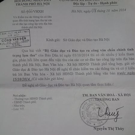 Hàng loạt phòng GD-ĐT vào cuộc xác minh thông tin bạn đọc Dân trí phản ánh - 1 Công văn của Ban Văn hóa - Xã hội HĐND gửi Sở GD-ĐT Hà Nội.