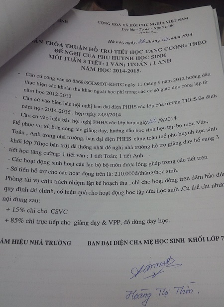 Biên bản thỏa thuận của phụ huynh về việc thu, chi khoản 