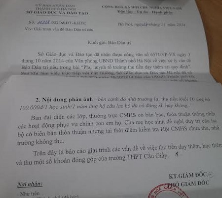 Hà Nội: Yêu cầu nhà trường trả lại tiền cho phụ huynh - 1 Công văn của Sở GD-ĐT Hà Nội gửi báo