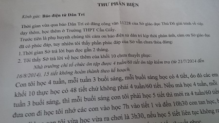 Phụ huynh “phản biện” Sở GD-ĐT Hà Nội - 1 Phụ huynh cho rằng sự phúc đáp của Sở GD-ĐT Hà Nội là chưa thuyết phục.