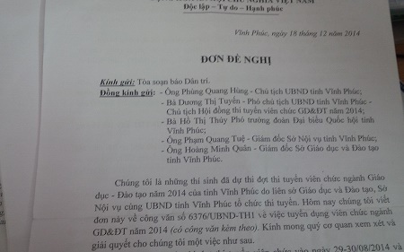 Lo ngại tiêu cực, UBND tỉnh tuyển dụng giáo viên thay cho huyện, thị - 1 Nhiều thí sinh viết đơn đề nghị báo Dân trí vào cuộc làm sáng tỏ vấn đề.