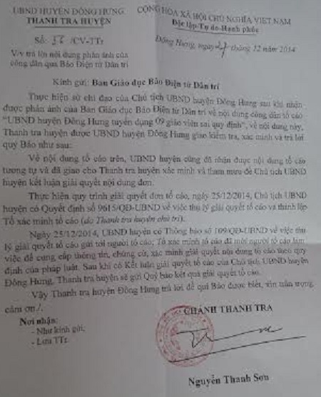 Thanh tra vào cuộc vụ tuyển dụng giáo viên sai quy định - 1 Công văn số 56 của Thanh tra huyện Đông Hưng gửi phản hồi báo Dân trí.