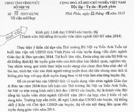 Vĩnh Phúc họp bàn "sửa sai" trong việc tuyển dụng viên chức giáo dục - 1 Tỉnh Vĩnh Phúc đang khẩn trương sửa sai theo yêu cầu của Thứ trưởng Bộ Nội vụ Trần Anh Tuấn.