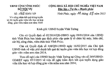 Vĩnh Phúc hoàn tất việc sửa sai trong việc tuyển dụng giáo viên - 1 Sở Nội vụ Vĩnh Phúc vừa công nhận kết quả trúng tuyển giáo viên của các huyện, thị.