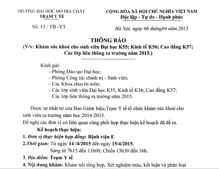 Trường ĐH Mỏ Địa chất yêu cầu sinh viên kiểm tra sức khỏe khi ra trường - 1 Thông báo của Trạm y tế trường ĐH Mỏ - Địa chất về việc khám sức khỏe cho sinh viên.