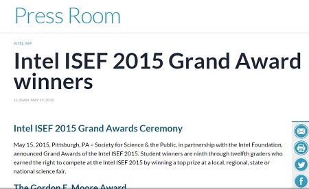 Việt Nam xuất sắc giành giải Tư cuộc thi Intel ISEF 2015 - 2 Kết quả intel ISEF đã được công bố chính thức trên website của Hội thi