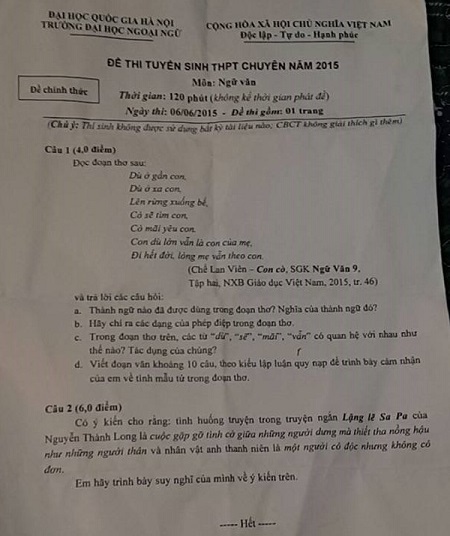 Đề thi Toán, Ngữ văn vào lớp 10 của trường Hà Nội có "tỉ lệ chọi" ngang ĐH - 2 Đề thi môn Văn của trường chuyên Ngữ