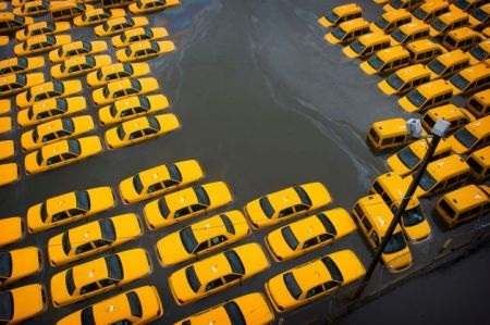 Nhiều ô tô ngập trong nước do bão Sandy - 13 Một bãi đậu đầy xe taxi màu vàng đặc trưng của