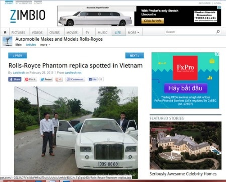 Hình ảnh chiếc Rolls-Royce
Phantom tự chế tại Việt Nam được đăng tải trên trang tin Zimbio