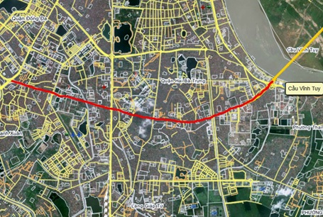 Hà Nội dự kiến đoạn đường trên cao (đánh dấu màu đỏ) sẽ hoàn thành trong năm 2016