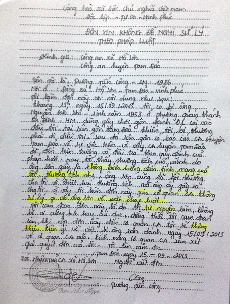 Đơn đề nghị không xử lý theo pháp luật do anh Công ký