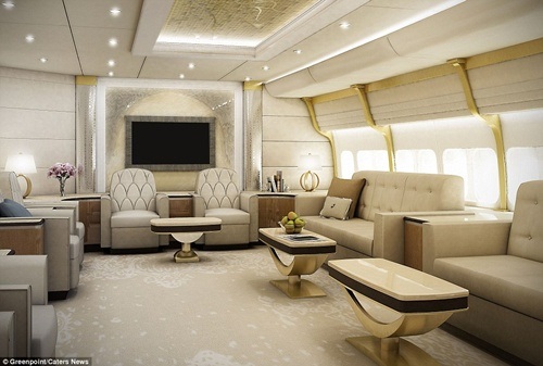 “Choáng ngợp” trước dinh cơ nghìn tỷ trên máy bay Boeing 747 - 1 Phòng khách lớn trên máy bay được trang hoàng như khách sạn 5 sao