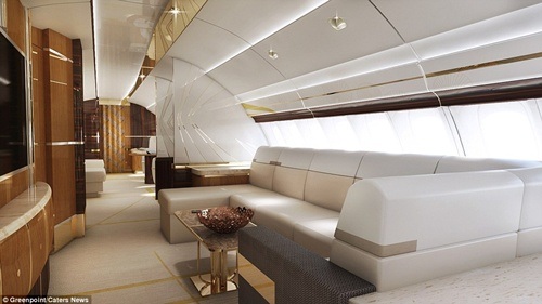 “Choáng ngợp” trước dinh cơ nghìn tỷ trên máy bay Boeing 747 - 8 Ghế sofa khu hành lang, nơi chủ nhân có thể nằm đọc sách báo, giải trí